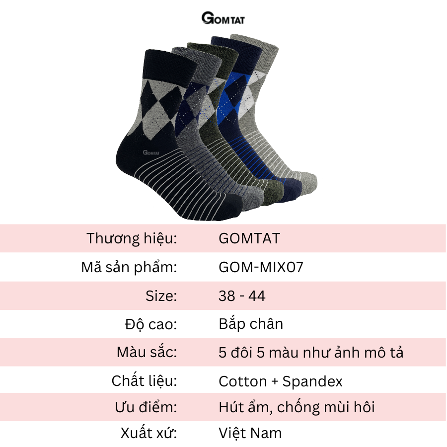 Hộp 5 đôi tất đi giày tây nam cổ cao GOMTAT cao cấp mẫu MIX07, vớ nam công sở chất liệu cotton mềm mại, hút ẩm thoáng khí - GOM-MIX07-CB5