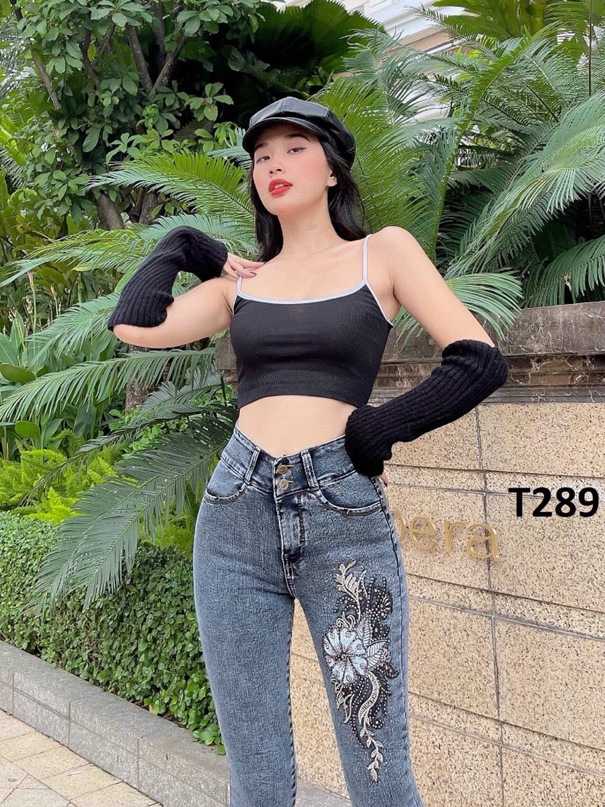 Quần Jeans Nữ Lưng Cao 2 Nút Thêu Hoa Co Giãn Tôn Dáng