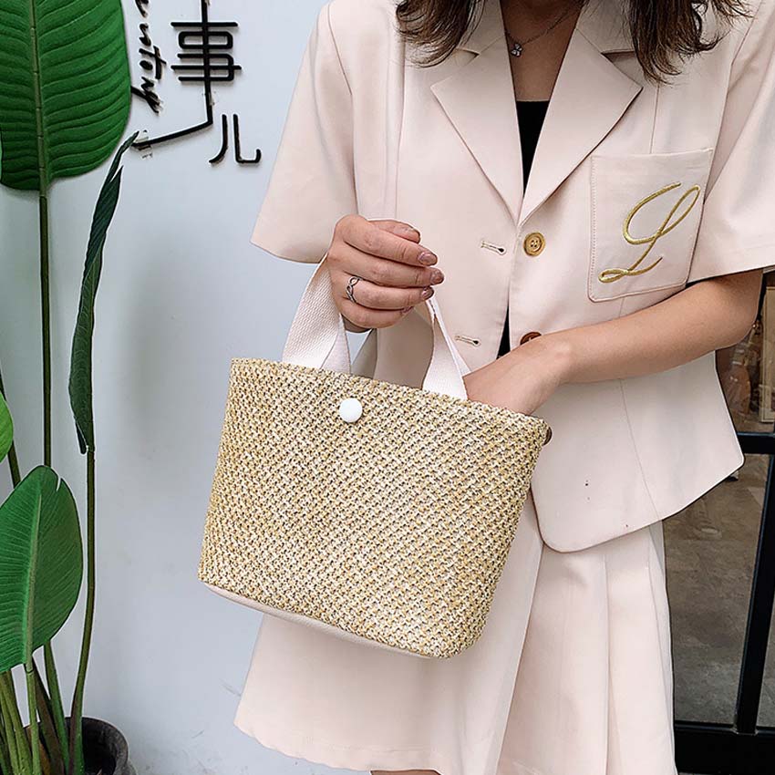 Túi xách nữ dễ thương NASI T1045 vải cói pu cầm tay đẹp túi tote đeo vai có nút bấm thời trang cho nữ công sở, học sinh