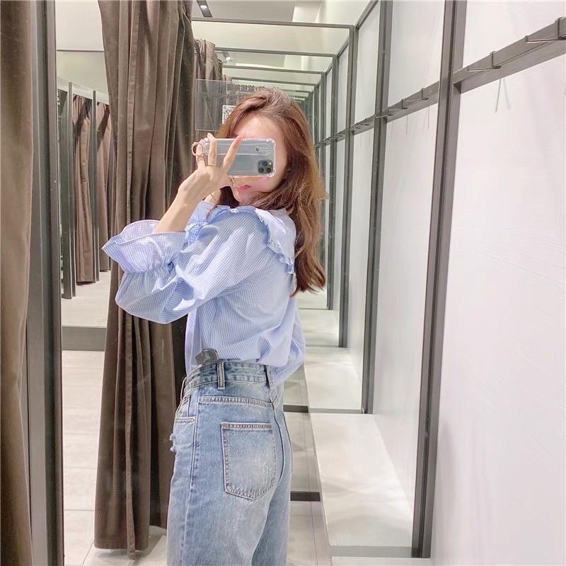 Áo sơ mi kẻ cổ bèo lá cúc ngọc - Áo babydoll cách điệu trẻ trung mẫu mới 2022