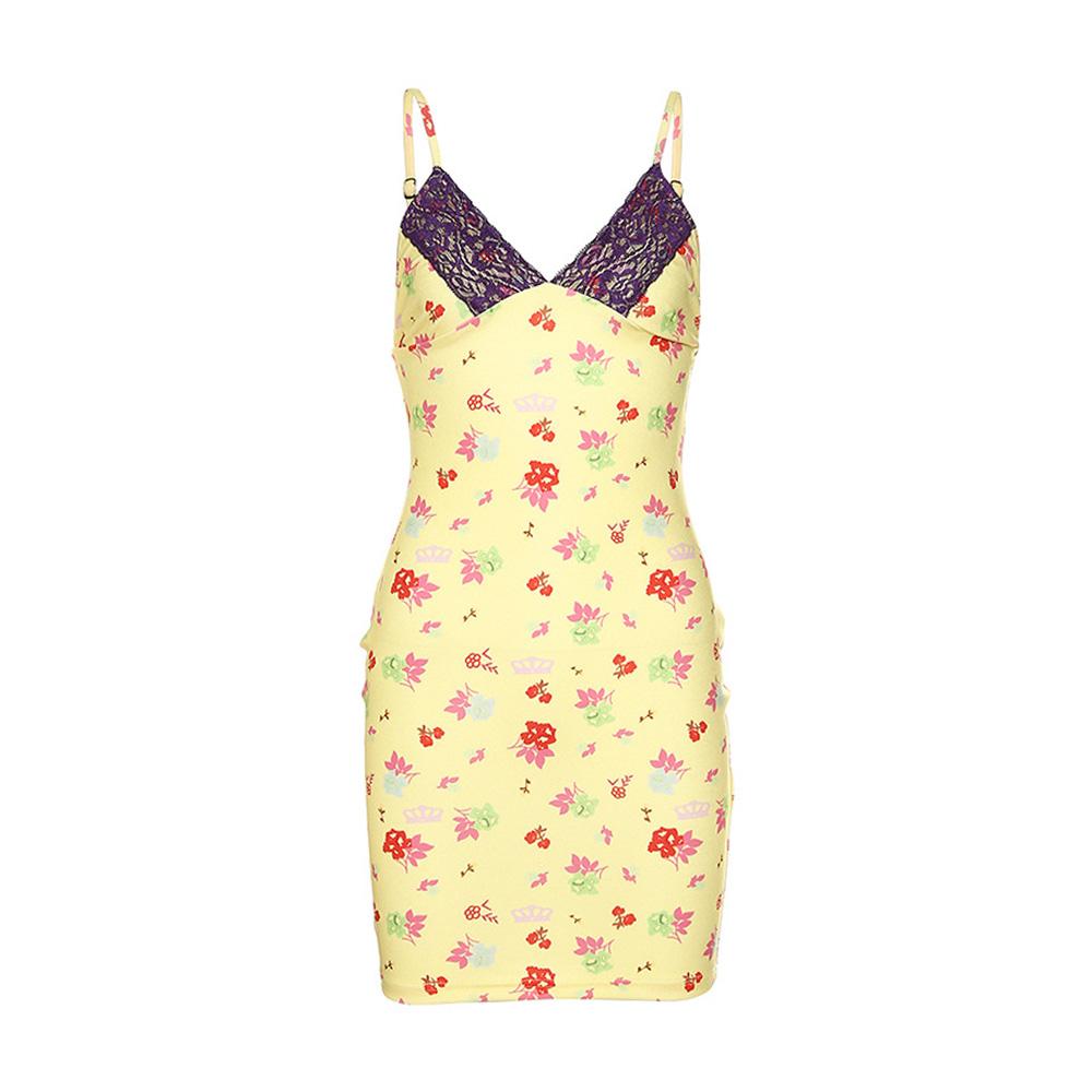 Sexy Women Summer Dress Spaghetti Strap Floral Print Lace Spliced V Neck Sleeveless Backless Bodycon Holiday Mini Dress