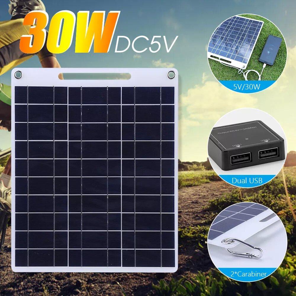Bảng điều khiển năng lượng mặt trời 30W Di động 5V Bảng di động sạc nhanh Pin sạc khẩn cấp ngoài trời Pin cắm trại Đi bộ đường dài Bộ sạc điện thoại du lịch Màu sắc: 30W 5V