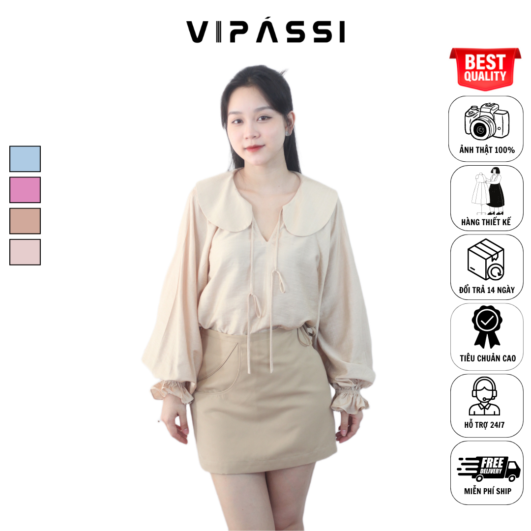 VIPÁSSI Áo Sơ Mi Nữ Cổ Sen Dây Thắt Nơ Dài Tay Phồng Bo Chun Linen Tơ