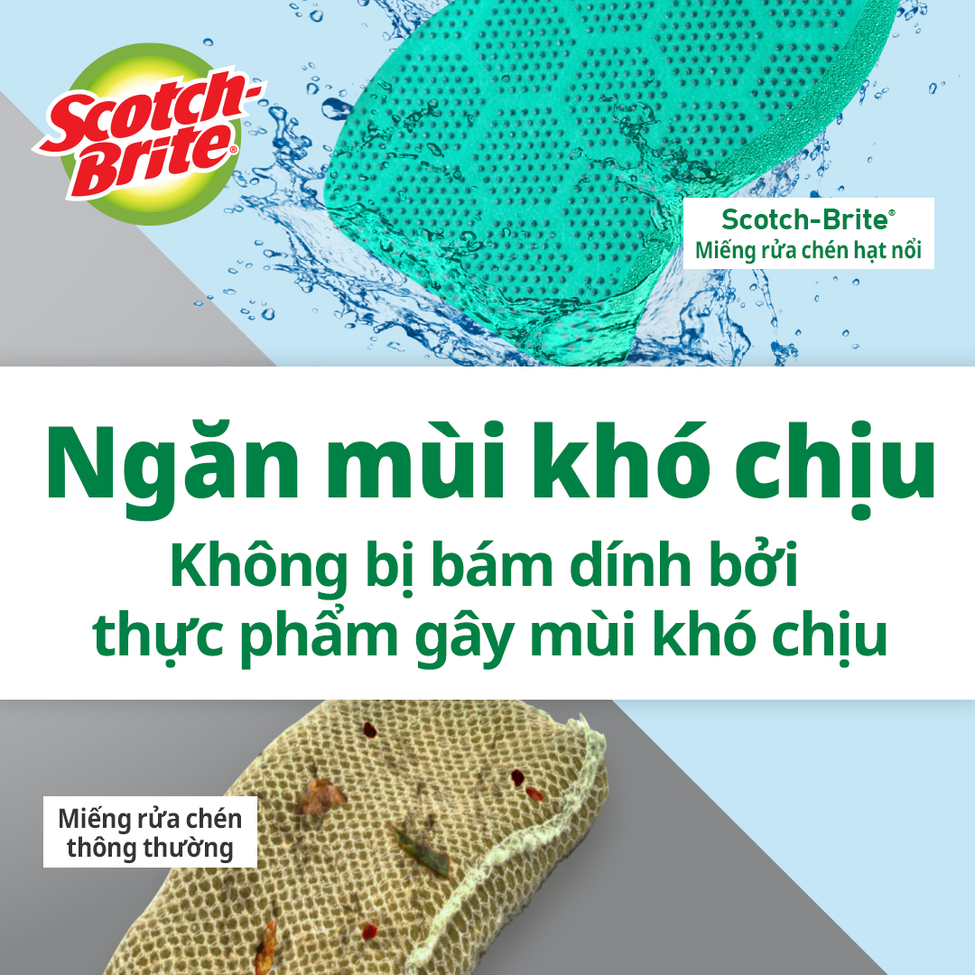 Miếng rửa chén hạt nổi siêu sạch Scotch Brite 3M đa năng, công nghệ độc quyền mới, mút kháng khuẩn ngăn vi trùng, không gây mùi, không bám cặn bẩn, dễ dàng vệ sinh (Màu cam/ Màu xanh lục)