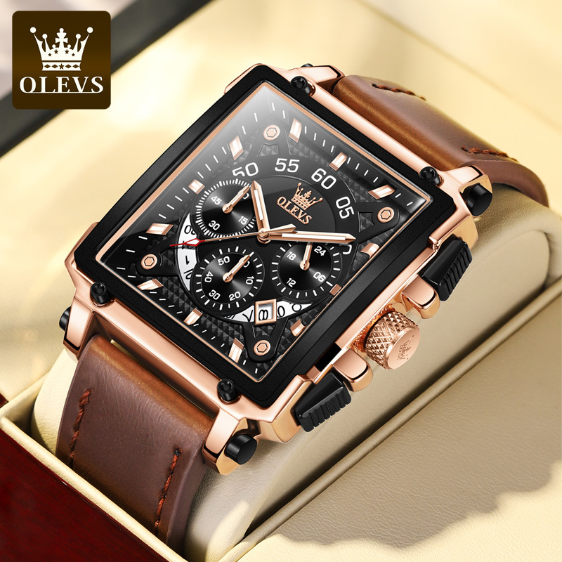 Đồng Hồ Nam OLEVS-9919 Mặt Vuông Cá Tính Mạ Vàng 18K Phong Cách Chronograph Chạy Đủ 6 Kim Có Ô Lịch Ngày, Dây Da Mềm, Rửa Tay Đi Mưa Bơi Lội