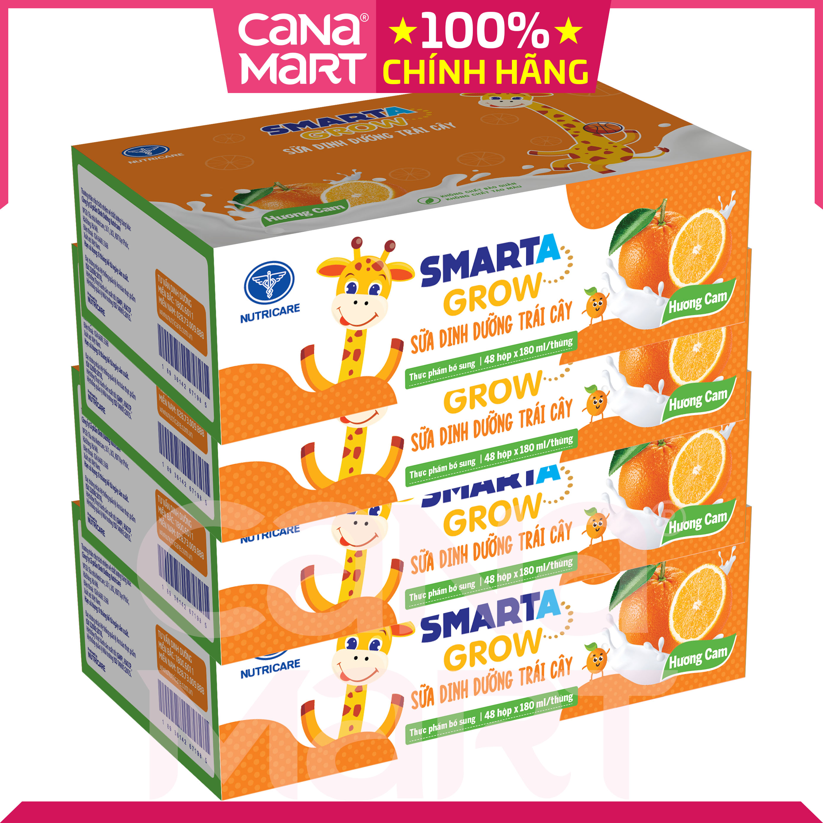 Thùng sữa nước trái cây Smarta Grow (vị cam), giúp trẻ tăng chiều cao, phát triển não bộ, dinh dưỡng cho trẻ thấp còi (48 hộp x 180ml)