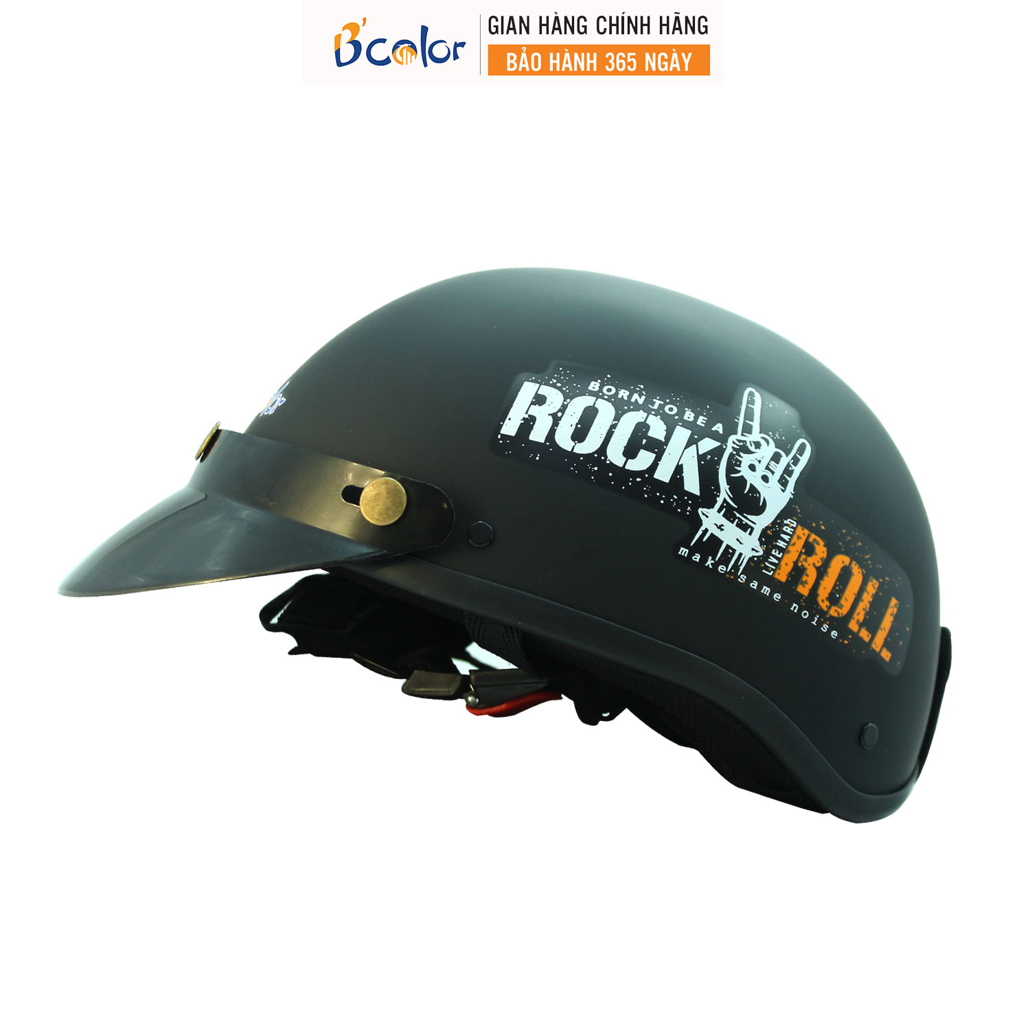 Mũ Bảo Hiểm Màu Đen Có Chữ Rock Roll Loại Nửa Đầu Kèm Lười Trai - B'COLOR