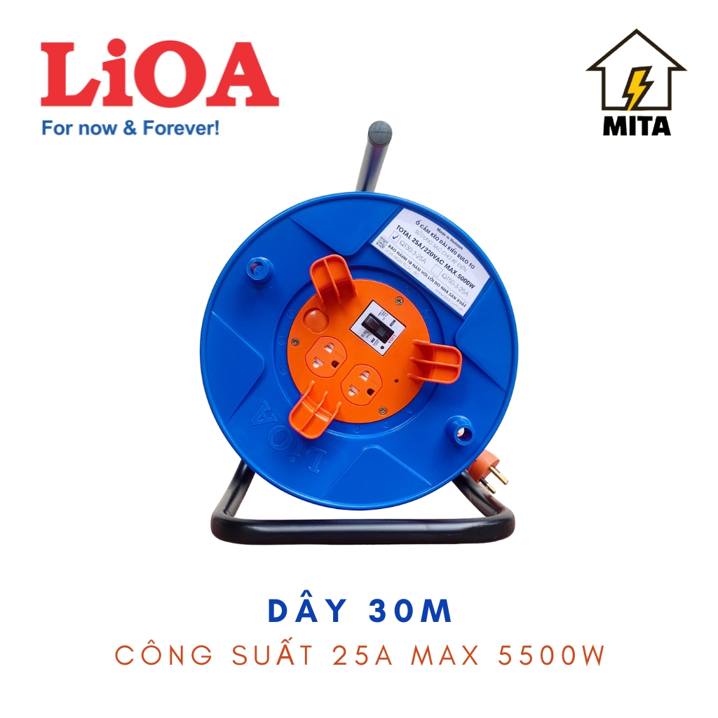 Ổ cắm kéo dài quay tay kiểu Rulo LiOA công suất 25A Dây dài 30m/50m 3 lõi