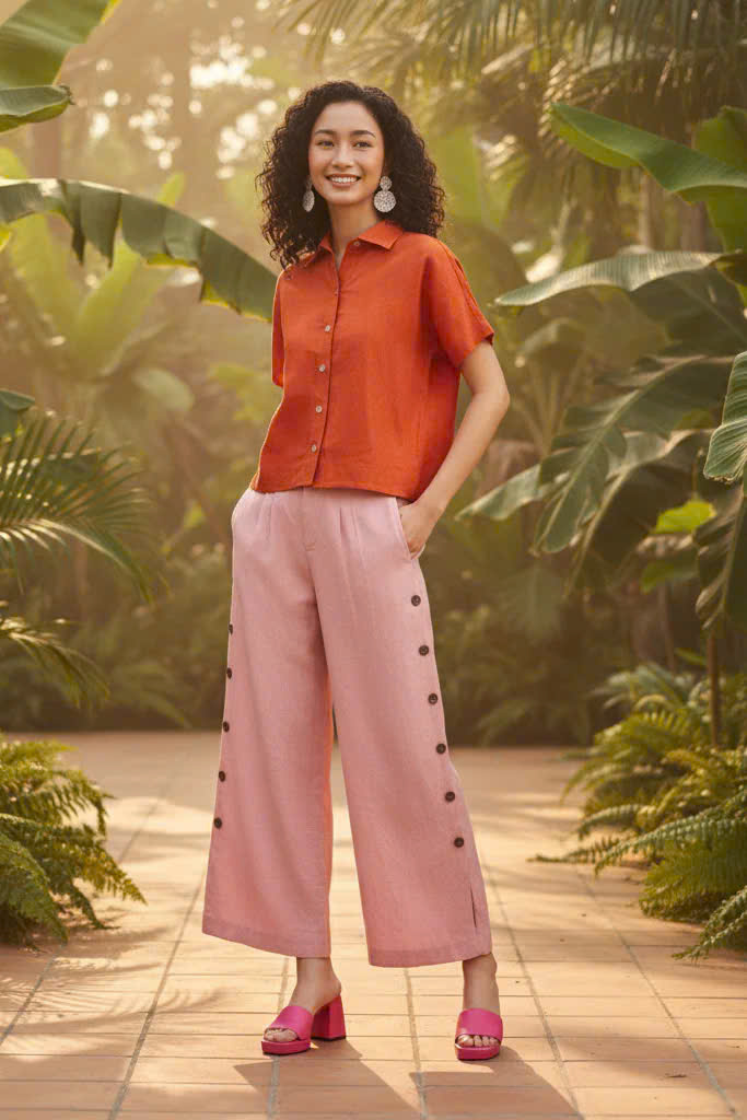 Quần Ống Rộng Xẻ Linen Anh Đào, Quần Culottes Ống Rộng Xẻ Đính Nút Linen Hồng Pan068