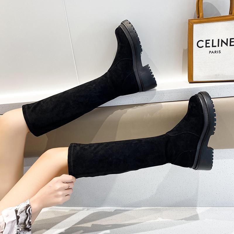 Giày Nữ Mùa Đông 2021 Gợi Cảm Đầu Gối Giày Chặt Stovepipe Hiệp Sĩ Giày Da Lộn Mũi Tròn Chiến Đấu Xu Hướng Nhung Ấm Nữ giày Tăng