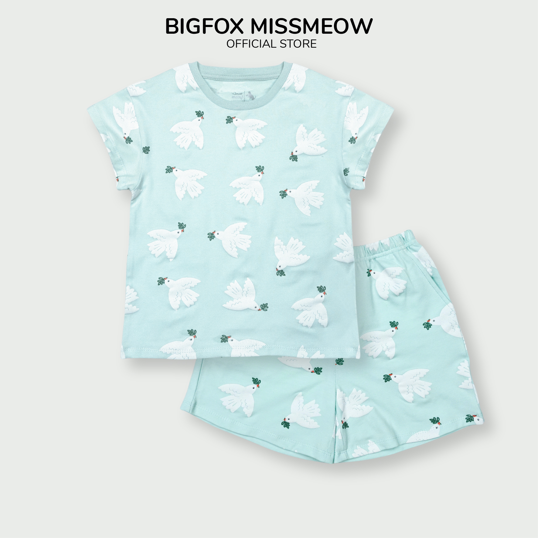 Bộ quần áo bé gái Bigfox Miss Meow size đại kiểu cộc tay mùa hè chất cotton in bồ câu nhỏ 3,9,10,11 tuổi 30kg 40kg 1979