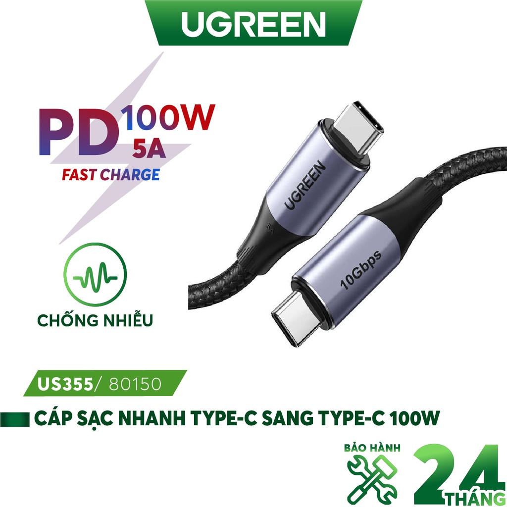 Cáp sạc UGREEN US355 Type-C sang Type-C - Hỗ trợ sạc nhanh PD 100W Dòng 5A - Hàng nhập khẩu chính hãng