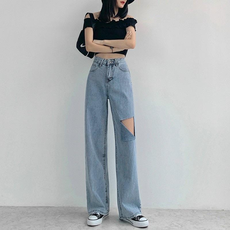 ( giá sỉ) Quần jean nữ ống rộng rách đùi màu xanh thời trang H.N.M STORE