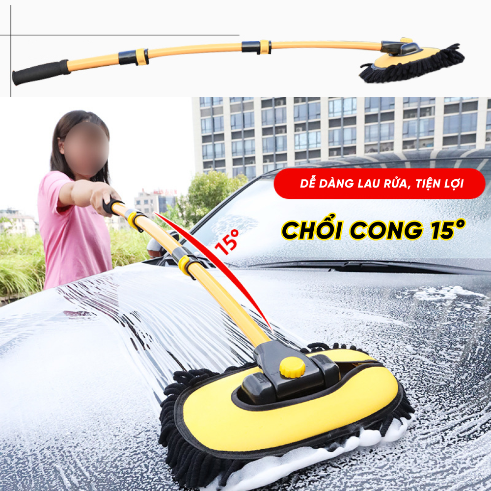 Chổi Lau Rửa Vệ Sinh Xe Ô Tô - Sợi Mềm, Cán Điều Chỉnh Được Độ Dài, Cong Tiện Lợi