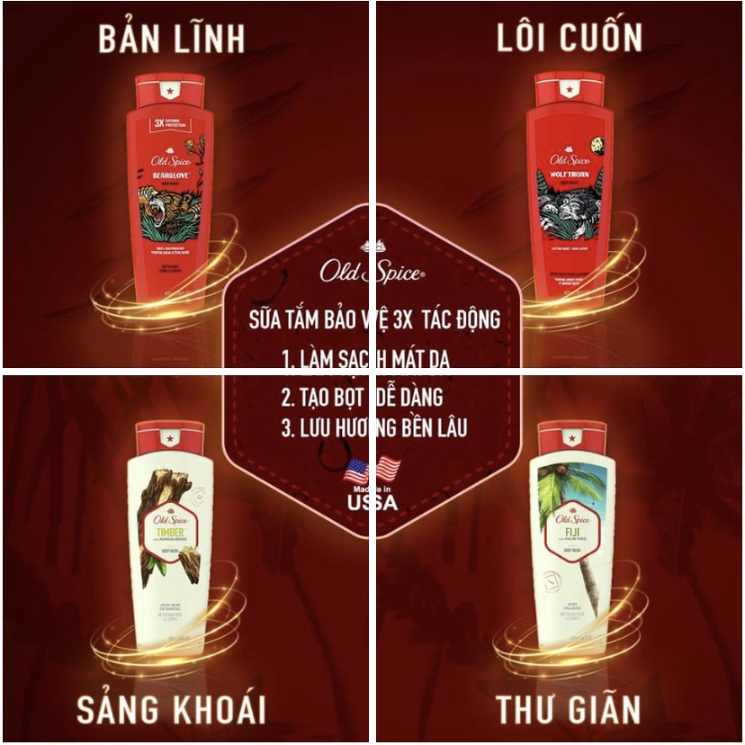 Sữa tắm dạng Gel cho mùi hương nam tính cho nam Old Spice 473ml chính hãng của Mỹ Timber | Bearglove | Fiji | Wolfthorn