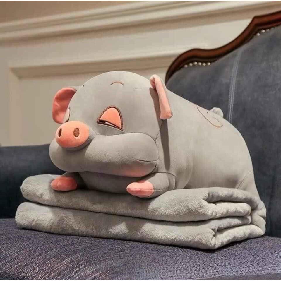 Gối Có Mền Hình Heo Mắt Hí Phê Cần, Chăn Gối Văn Phòng 3in1 Vải Lông Nhung