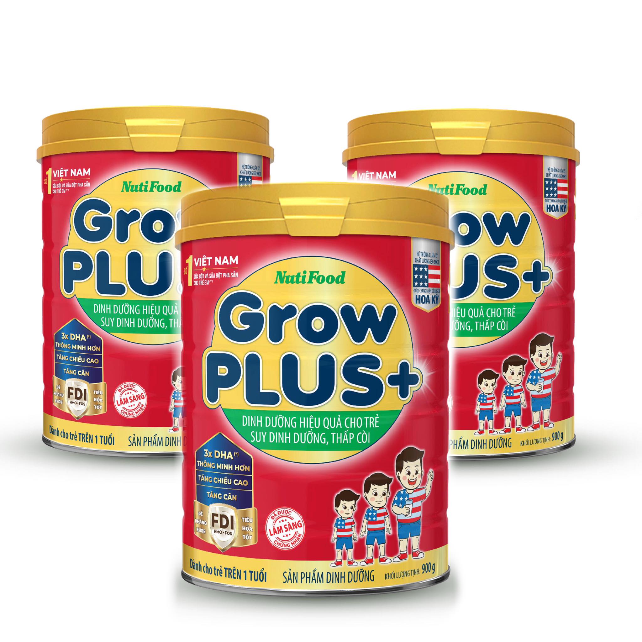 Bộ 3 lon sữa bột GrowPLUS+ Đỏ 900 Gr : sữa dành cho trẻ từ 1- 10 tuổi bị suy dinh dưỡng thấp còi (mẫu mới) của NutiFood