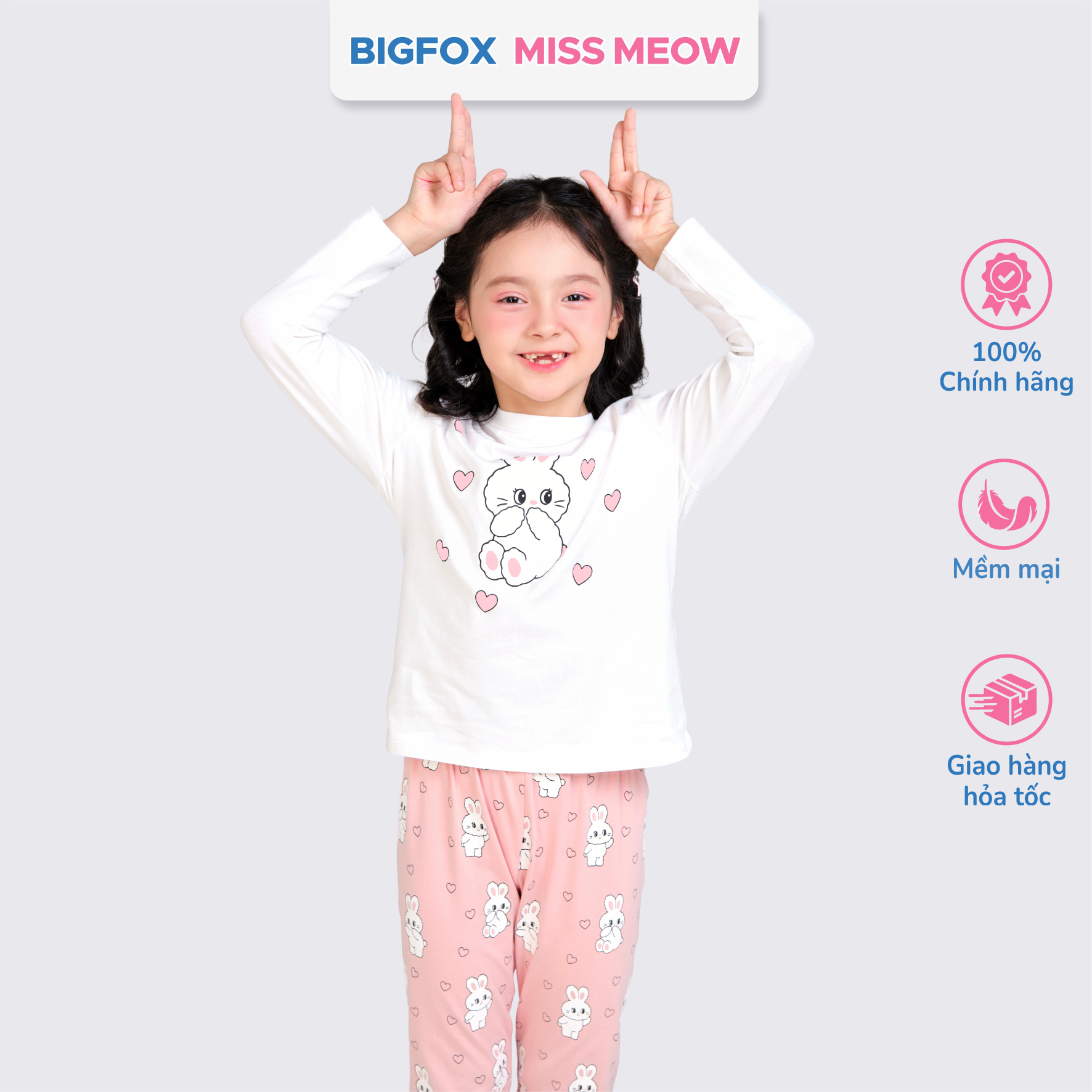 Bộ quần áo thu đông cho bé gái Bigfox Miss Meow size đại dài tay thun cotton mặc nhà 3-11 tuổi 30kg