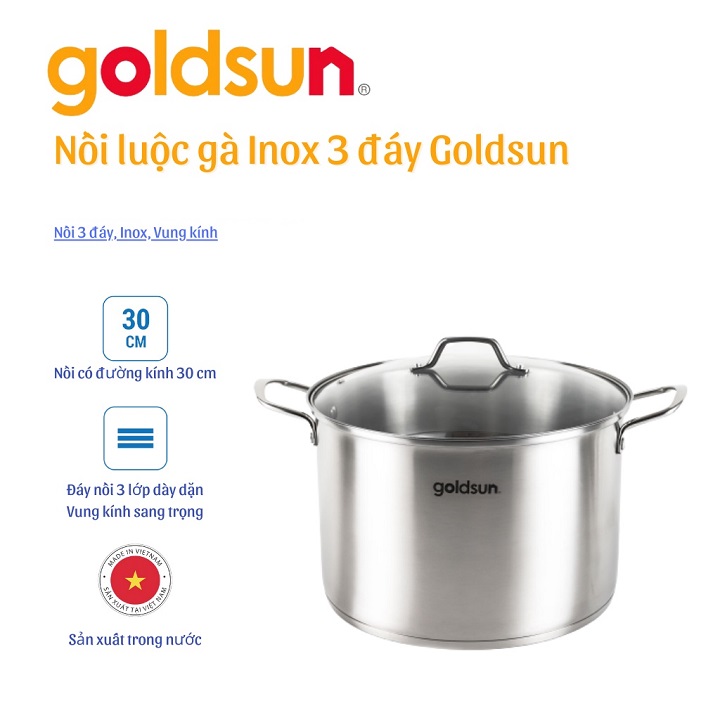 Nồi luộc gà inox đáy 3 lớp đường kính 30 cm vung kính Gold.sun Cao Cấp