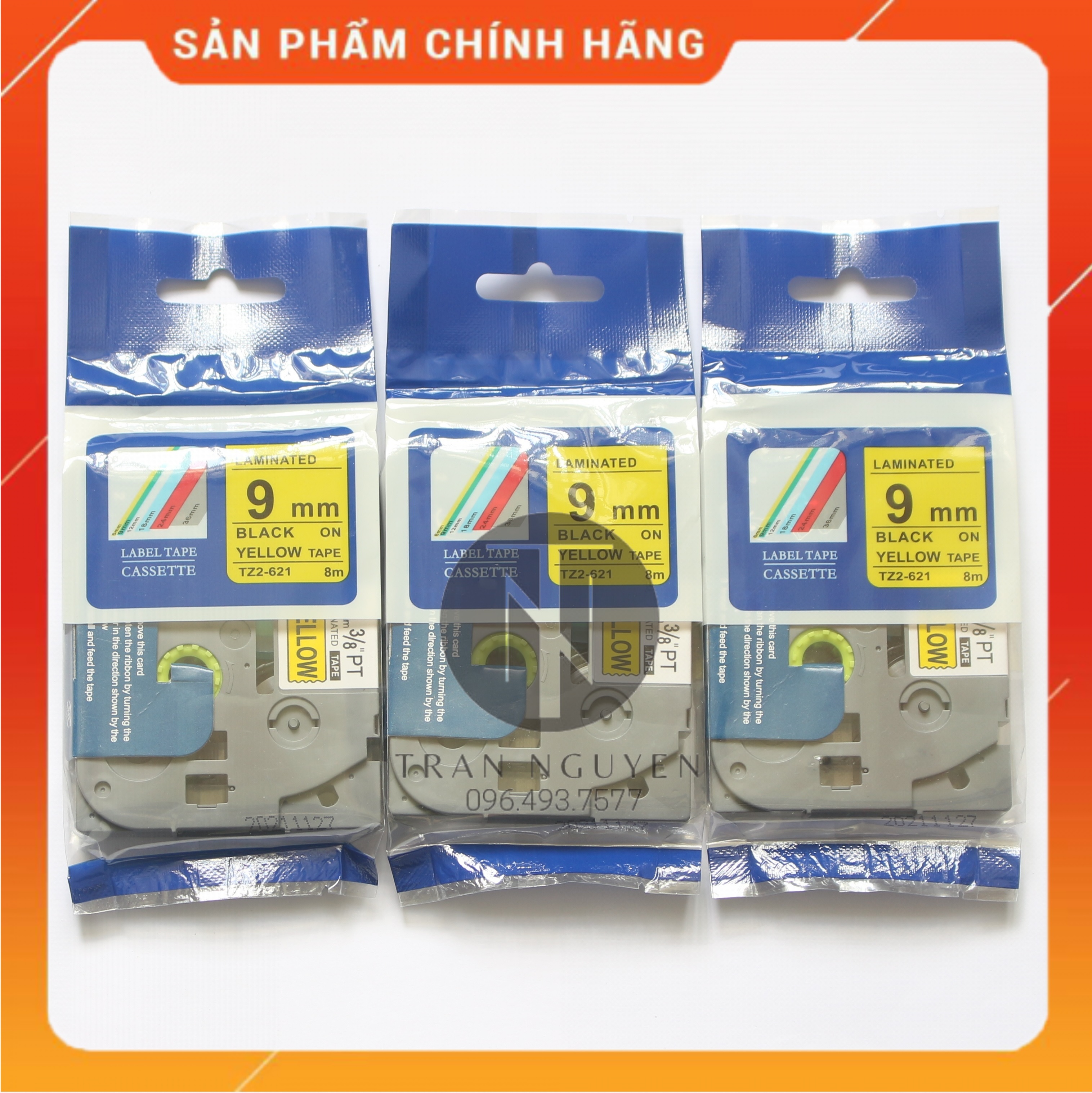 [Combo 3 hộp] Nhãn In đa lớp Tz2-621 - Đen nền vàng 9mm x 8m - Hàng nhập khẩu