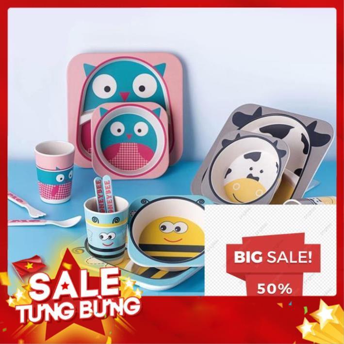 Bộ bát chén khay muỗng ăn dặm cho bé kiểu nhật 5 món đồ kèm thìa dĩa hình thú - bằng sợi tre an toàn FDA/EU
