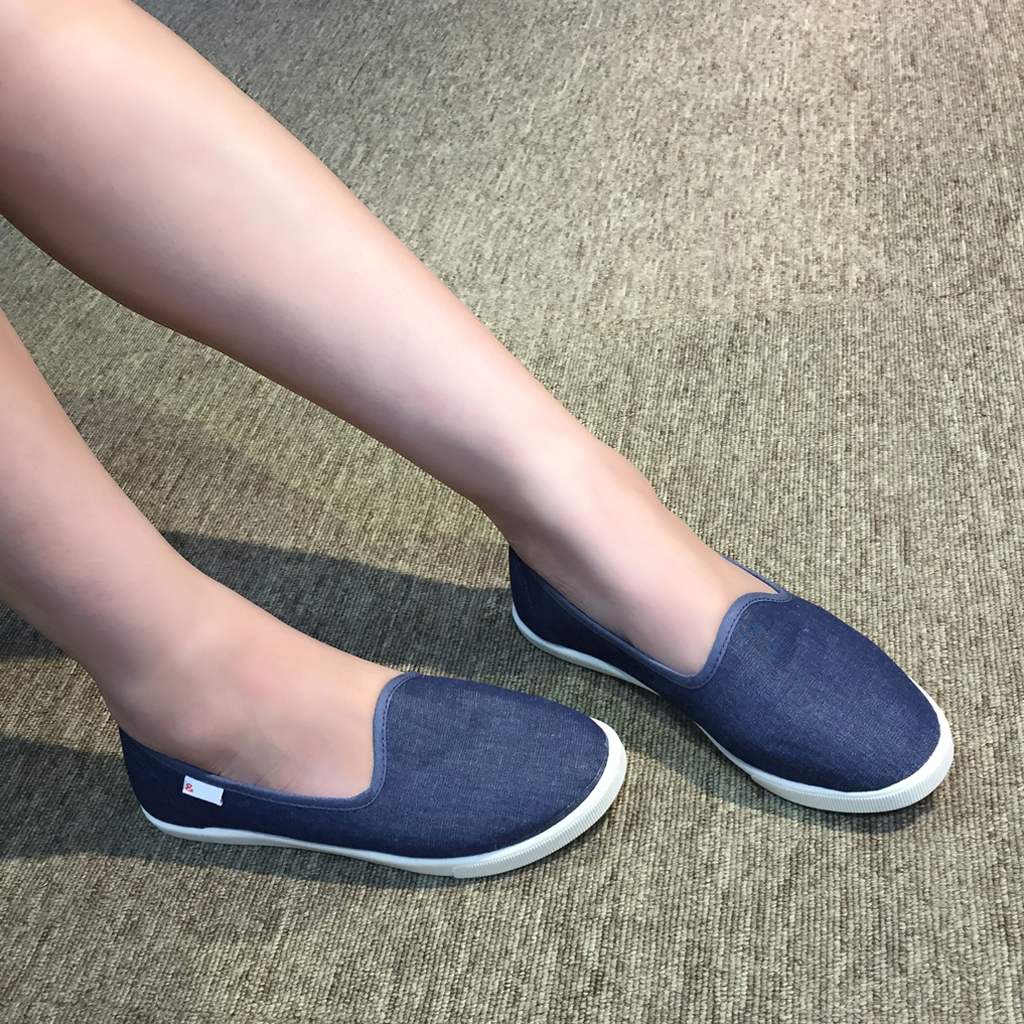 Giày slip on nữ mũi tròn búp bê siêu mềm êm chân chuyên dụng đi bộ tôn dáng đẹp - màu xanh jeans vải Canvas