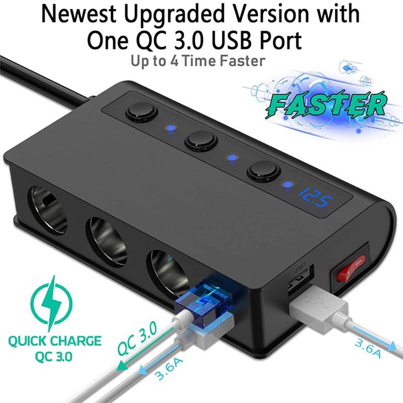 Bộ sạc ô tô đa năng 180W 12V Ổ cắm điện cho xe hơi Ổ cắm điện kép Cổng USB QC 3.0 sạc nhanh