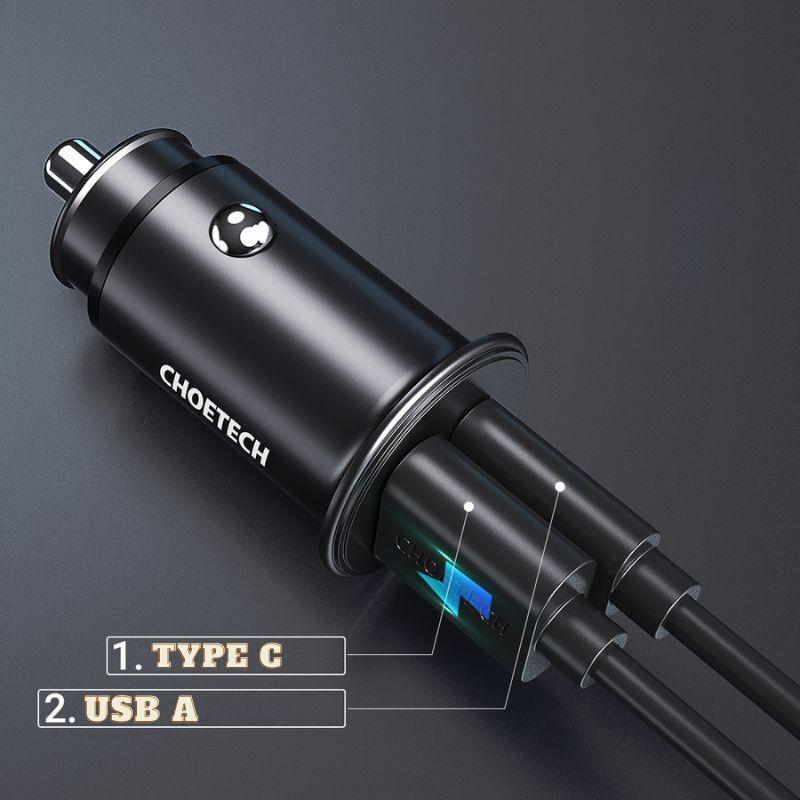 Tẩu nhanh ô tô 30W 5A 2 cổng USB Type C+ USB-A QC3.0 Choetech TC0006