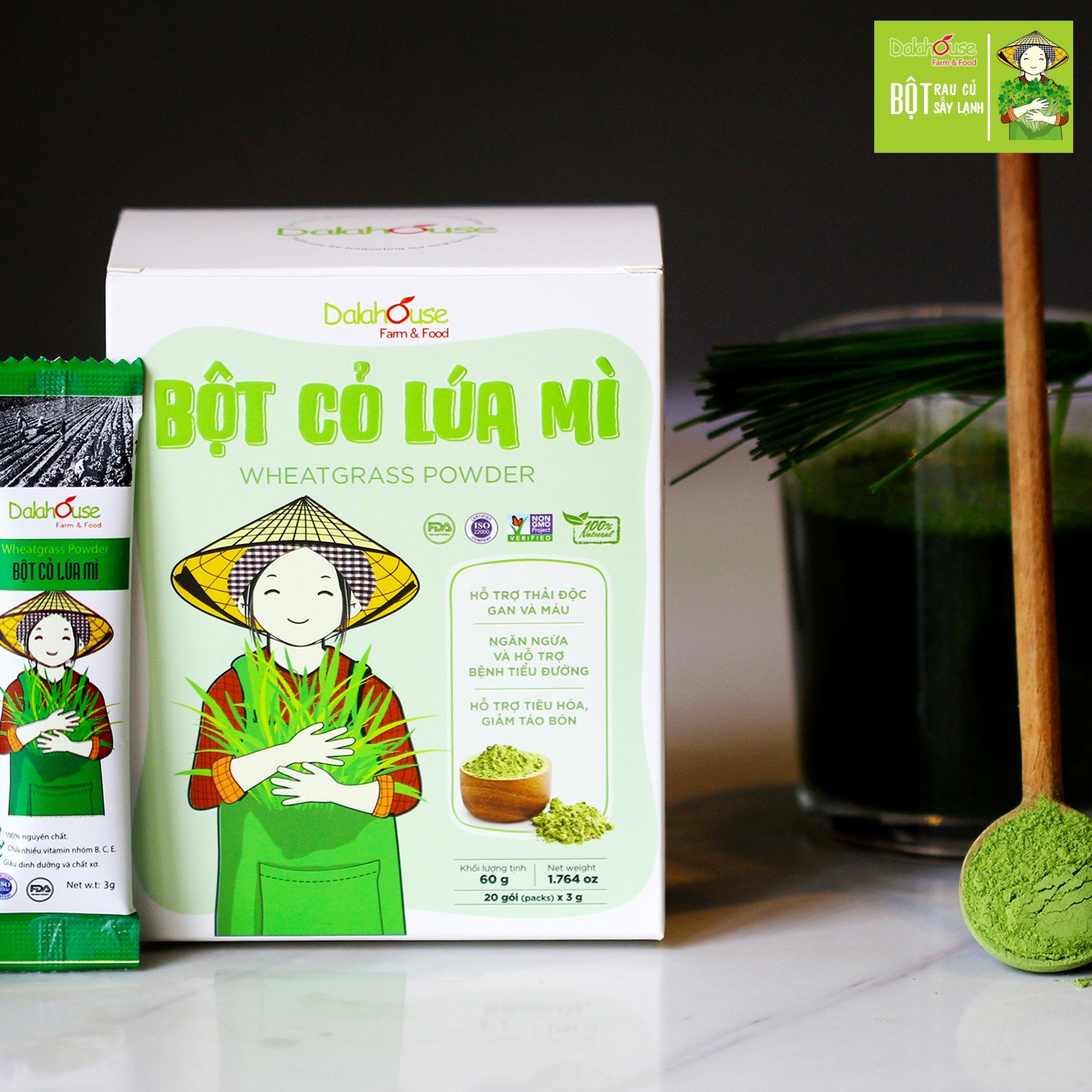 Bột Rau Củ Cỏ Lúa Mì Dalahouse (Hộp 20 gói x 3gr) – Sử Dụng Cho 1 Lần Uống – Hỗ Trợ Thải Độc, Mát Gan, Hỗ Trợ Cho Tiêu Hóa Tốt, Giảm Táo Bón – Đạt Tiêu Chuẩn Chất Lượng FDA Hoa Kỳ