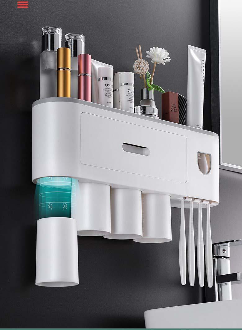 Bộ kệ bàn chải đánh răng kèm 4 cốc có ngăn kéo dán tường đa năng