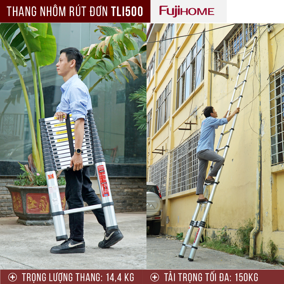 Thang nhôm rút đơn 5M gấp gọn Nhật Bản Fujihome chống trượt, thang rút gia đình xếp gấp gọn 5 mét đa năng có khóa an telescopic ladder