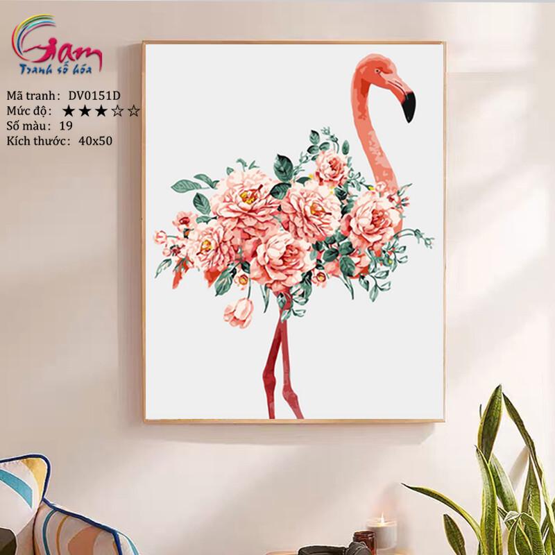 Tranh sơn dầu tự tô màu số hoá động vật hạc hoa - Mã DV0151D Hồng hạc lưng hoa Flamingo