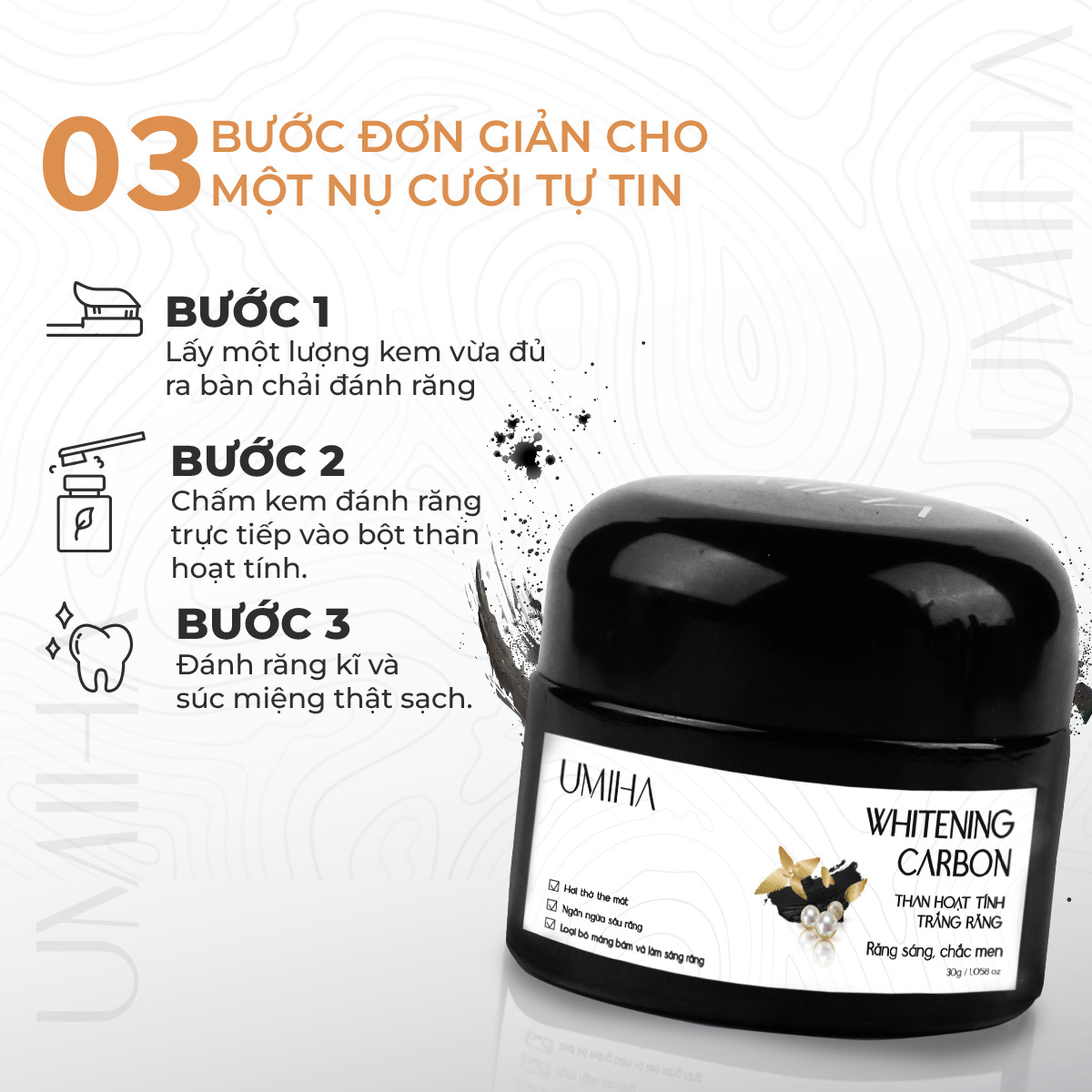 Bột Than Hoạt Tính đánh trắng răng UMIHA | Công thức đột phá tăng cường chăm sóc răng | 30G