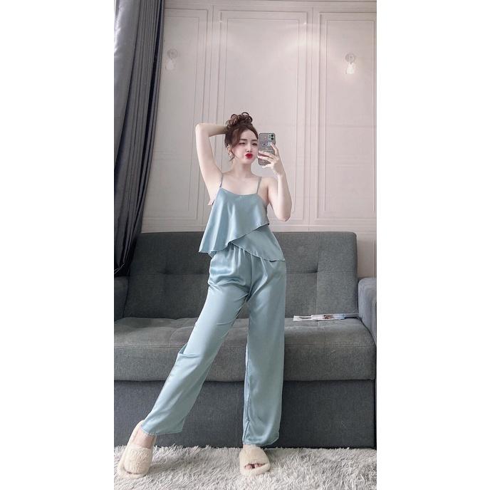 Đồ lụa satin 2 dây tà chéo quần dài cao cấp mặc nhà free size 58kg