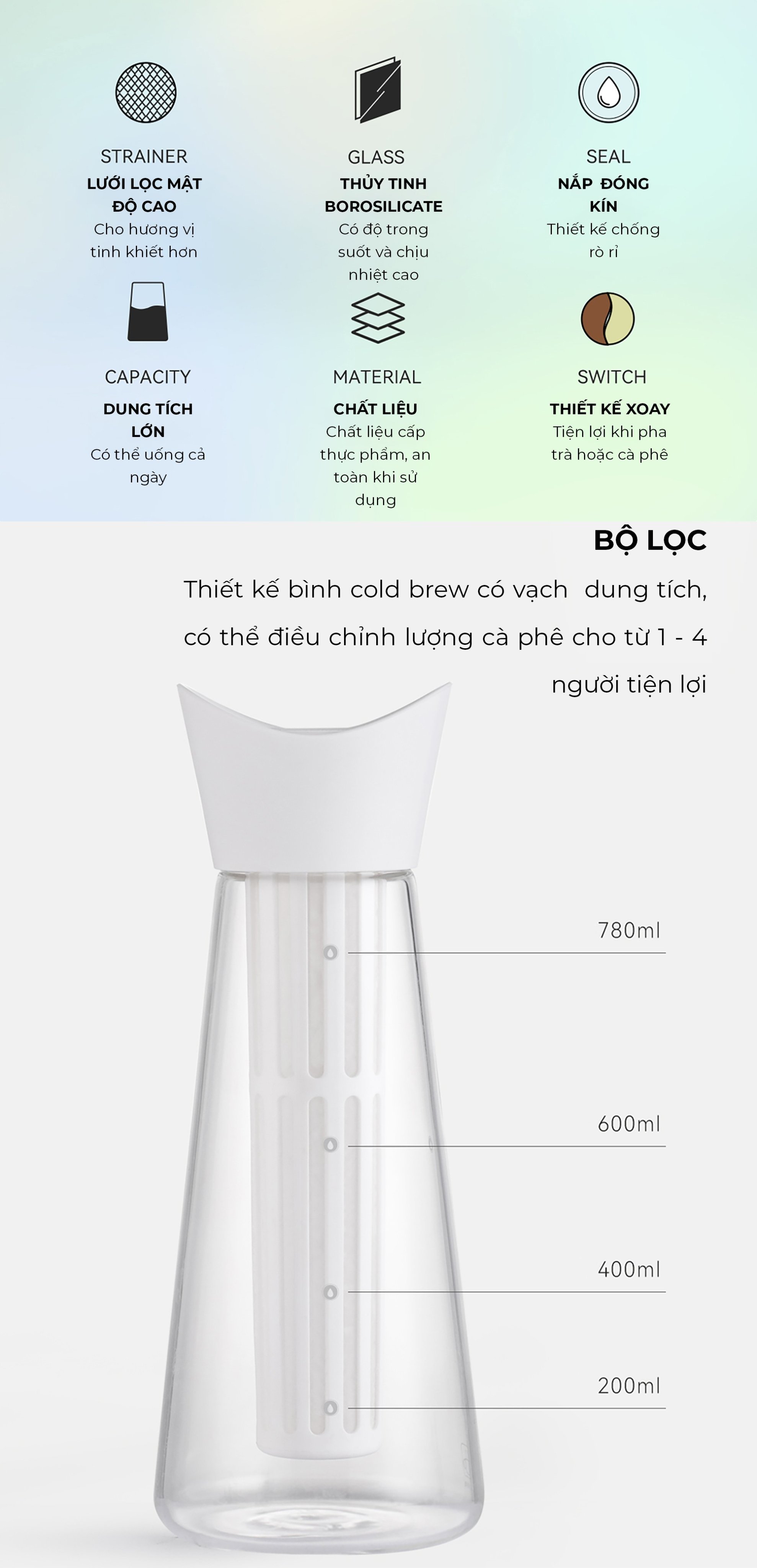 Bình thủy tinh pha cà phê cold brew ngâm lạnh detox trà CAFE DE KONA