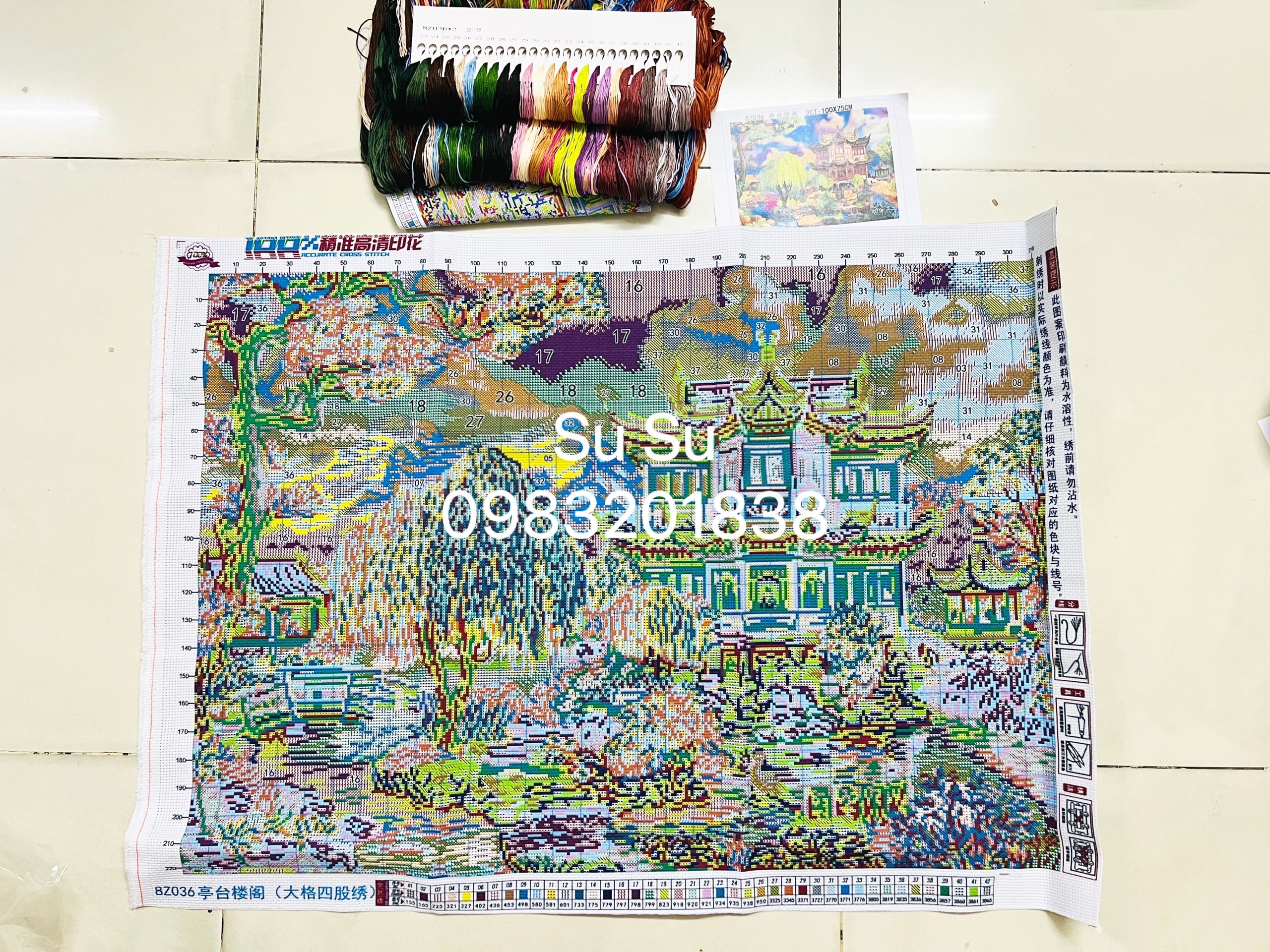 Tranh thêu kín, Phong cảnh cổ xưa 8Z036, thêu 4 sợi, 9CT, kích thước 100*75cm