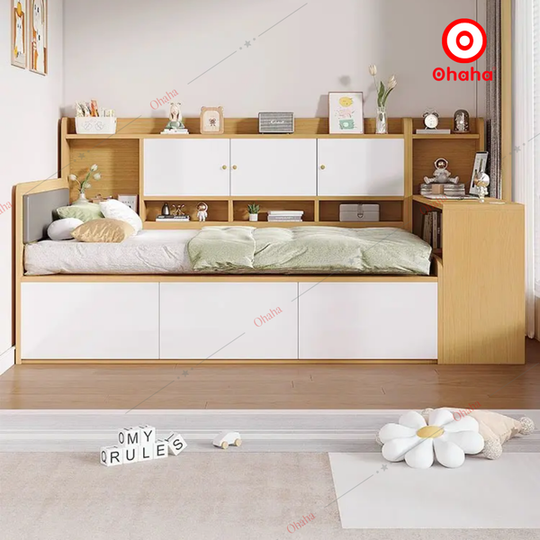 Giường ngủ công nghiệp bọc nệm kèm tủ và bàn học OHAHA - GN049
