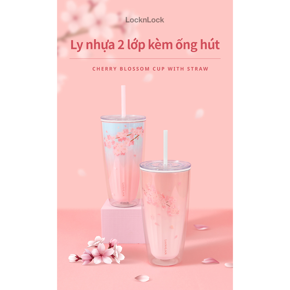 Ly nhựa 2 lớp Cherry Blossom Double wall Cold Cup LocknLock HAP522 - Kèm ống hút - Dung tích 750ml