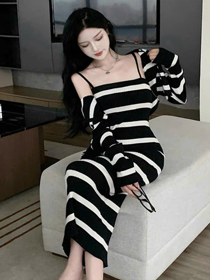 SET ĐẦM LEN KÈM ÁO KHOÁC PHỐI SỌC CAO CẤP