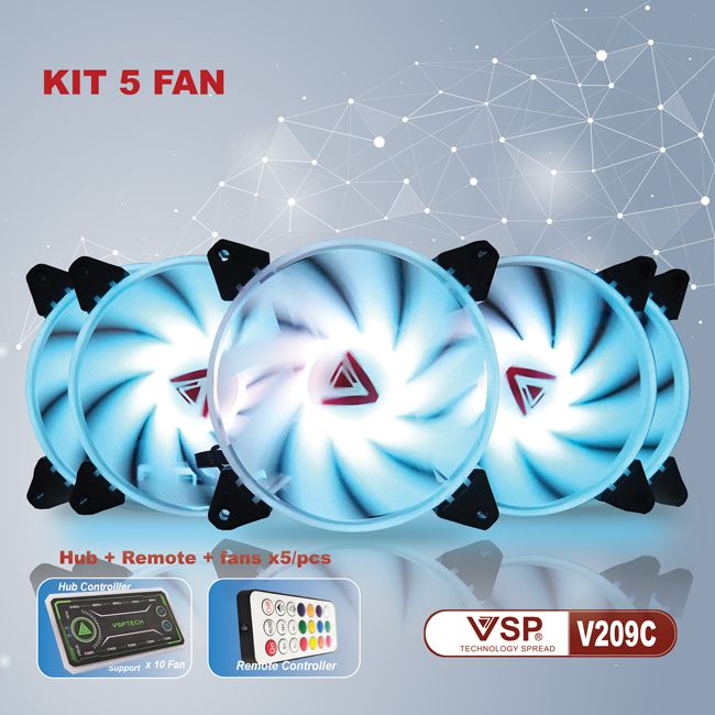 Bộ KIT 5 Fan VSP V209C LED RGB (FAN LÀM MÁT VÀ ĐẸP CHO VỎ MÁY TÍNH) - Hàng Chính Hãng