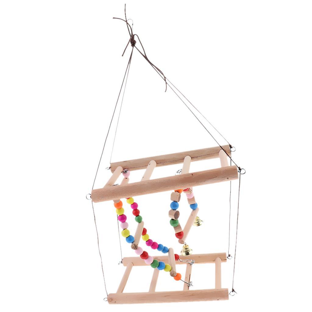 Bird Wooden Ladder Parrot Swing Cage Activity Toys with Bell
