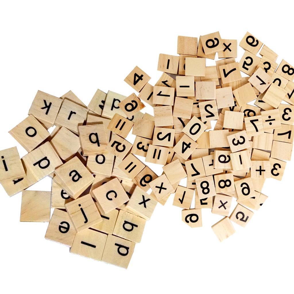 200 Pieces Wood Number Letters Tile Puzzle Blocks for Scrapbooking DIY Kids Crafts Game Toys