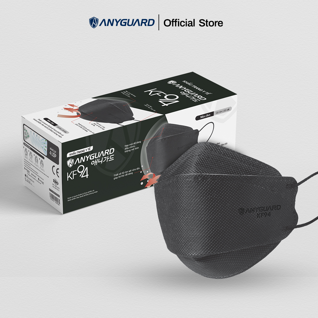 Hộp Khẩu Trang Y Tế Anyguard KF94 Màu Đen - Lọc Bụi Mịn và PM2.5, Ngăn 99% Vi Khuẩn, An Toàn Cho Da Nhạy Cảm , Dành Cho Người Lớn