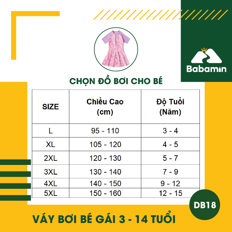 Đồ Bơi Bé Gái 3 - 15 Tuổi, Váy Bơi Cao Cấp Quần Liền Thời Trang - DB18