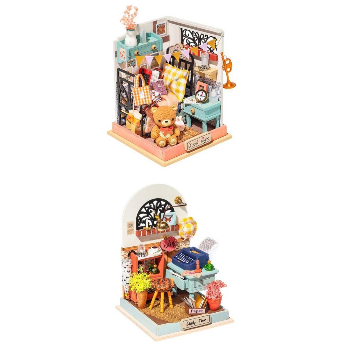 2 Pieces Handcraft Mini Doll House with Furniture Cottage Puzzle for Girls