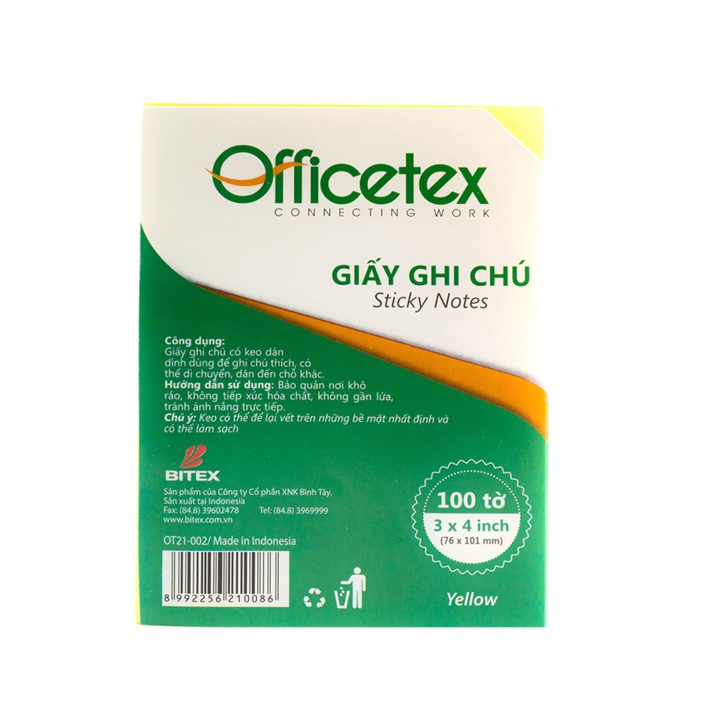 Giấy nhớ Officetex 3x4 OT21-002 màu vàng (Kích thước: 76x101mm)