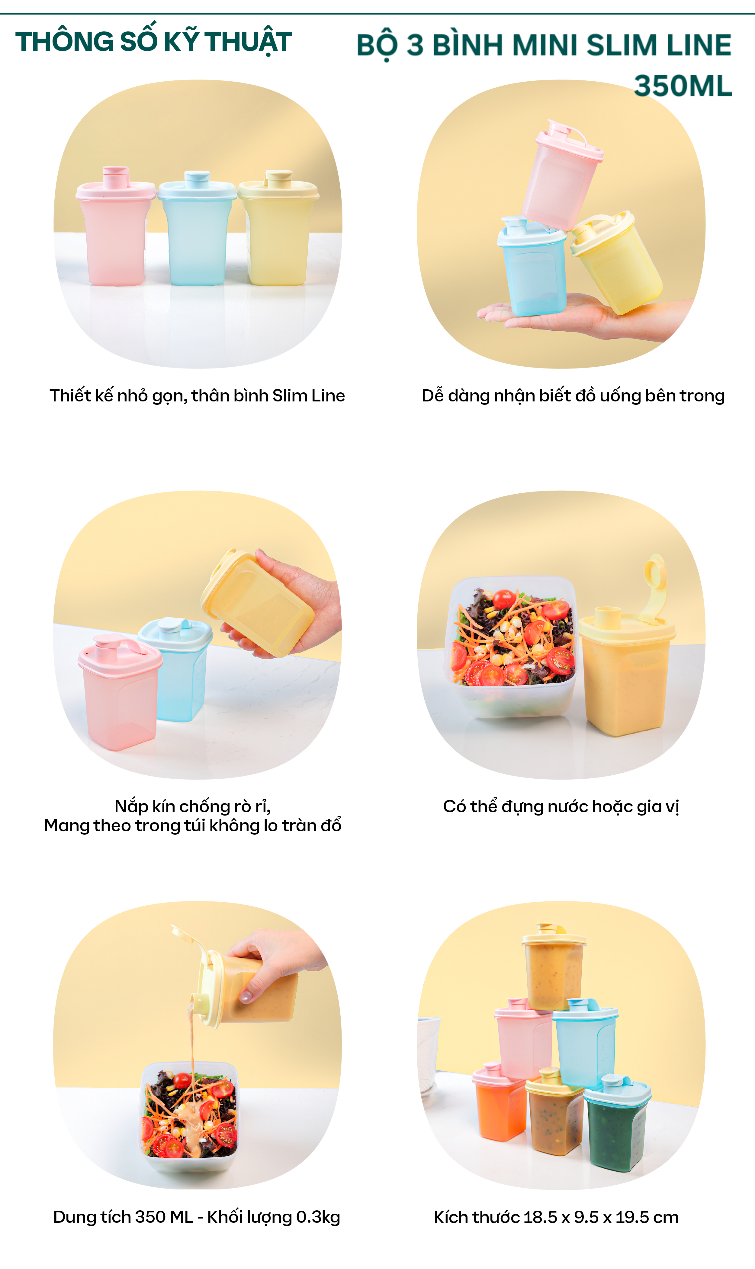 Bộ 3 bình đựng nước Tupperware Slim Line Mini 350ml