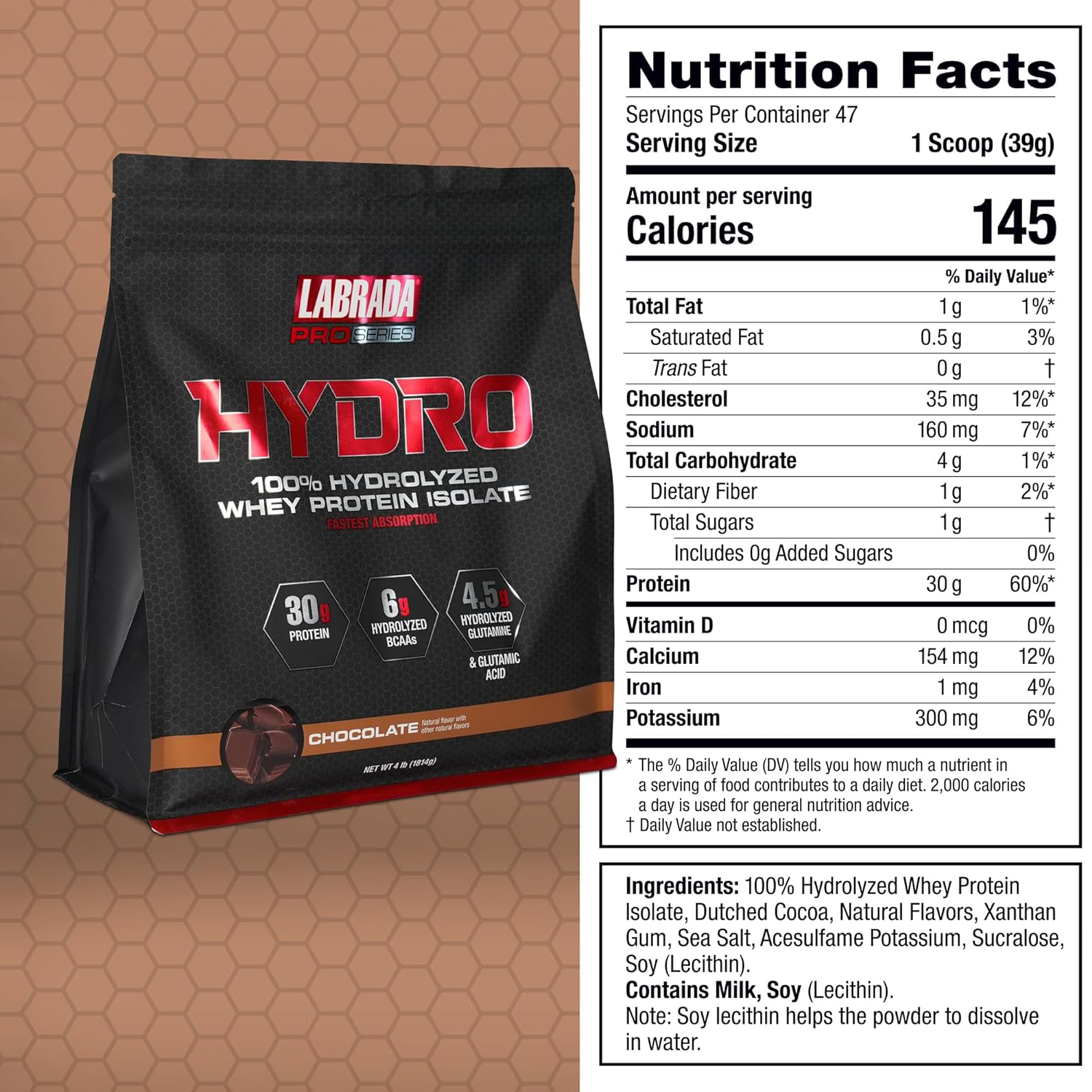 Labrada Pro Series HYDRO | 100% Hydrolyzed Whey Protein Isolate | 30g Protein, 6g BCAA, 4.5g Glutamine | Hấp Thu Nhanh, Tinh Khiết, Không Đường & Không Lactose