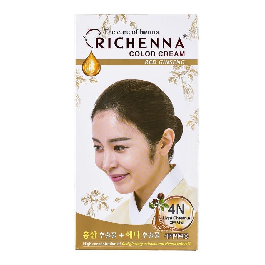 Thuốc nhuộm tóc hồng sâm Hàn Quốc Richenna Color Cream Red Ginseng 60/60g - Light Chestnut 4N màu nâu hạt dẻ sáng