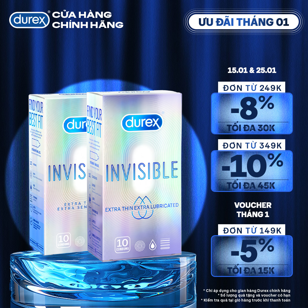 BỘ 1 HỘP BAO CAO SU siêu mỏng thêm bôi trơn DUREX INVISIBLE LUBRICATED và 1 HỘP DUREX INVISIBLE EXTRA THIN EXTRA SENSITIVE (52 mm, 10 bao/hộp)